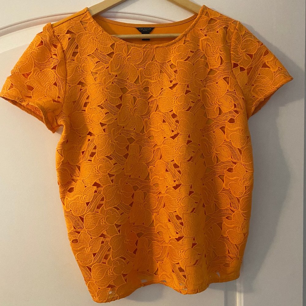 Ann Taylor Orange Floral Lace Short Sleeve Top
